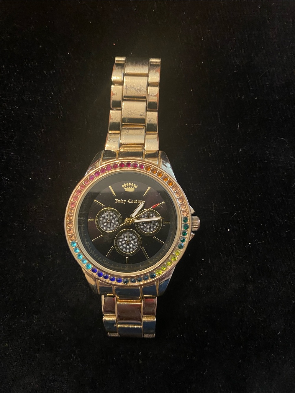 EUC Juicy Couture Women’s Gold Tone RAINBOW Bezel Quartz Watch Black Dial